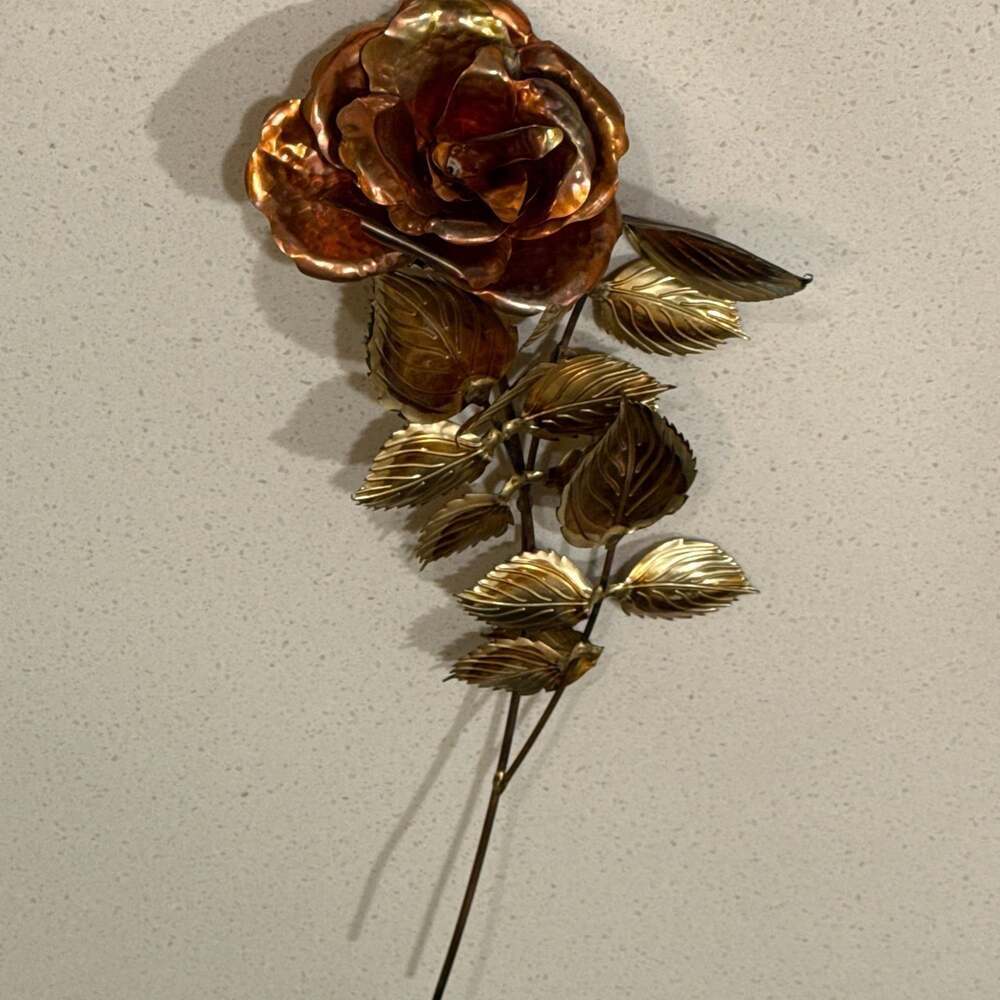 Vintage Mid-Century Modern Metal Copper and Brass Rose Wall Decor Sculpture